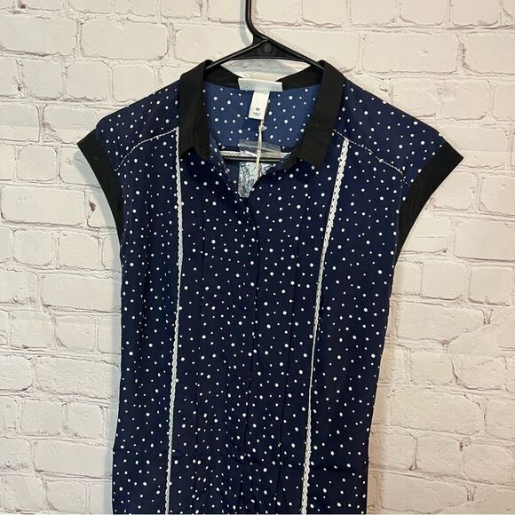 Jason Wu Collared Button Down Pleated Dress. Navy With White Polka Dots Size Med - Picture 2 of 11